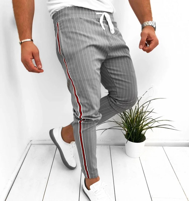 Сексуальные весенние летние модные узкие мужские прямые брюки с карманами в полоску, повседневные брюки-карандаш для бега