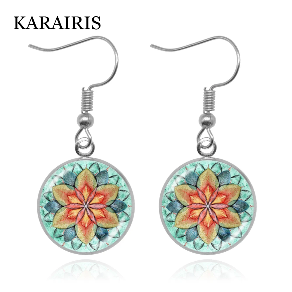 KARAIRIS 16mm Glass Cabochon Dome Classic Flower of Life Drop Earrings Om Yoga Chakra Mandala Sacred Geometry Women Girl Jewelry | Украшения
