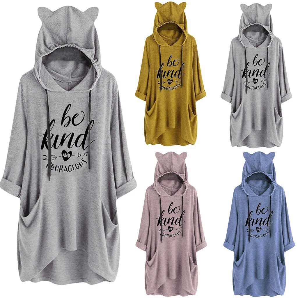 Hoodies And Sweatshirts Women Casual Hooded Long Sleeves Cat Ear Print Pocket Shirt Irregular Top Blouse Hoody Ladies 2019