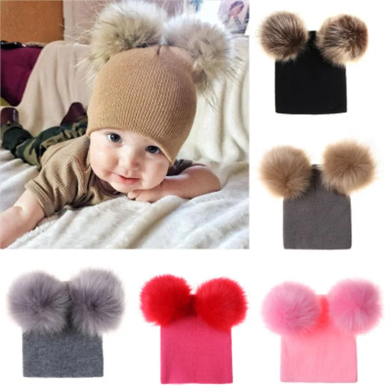 

Winter Baby Knitted Hat with Two Fur Pompoms Boys Girls Natural Fur Ball Beanie Kids Winter Warm Caps Double Ball Pompom Hat