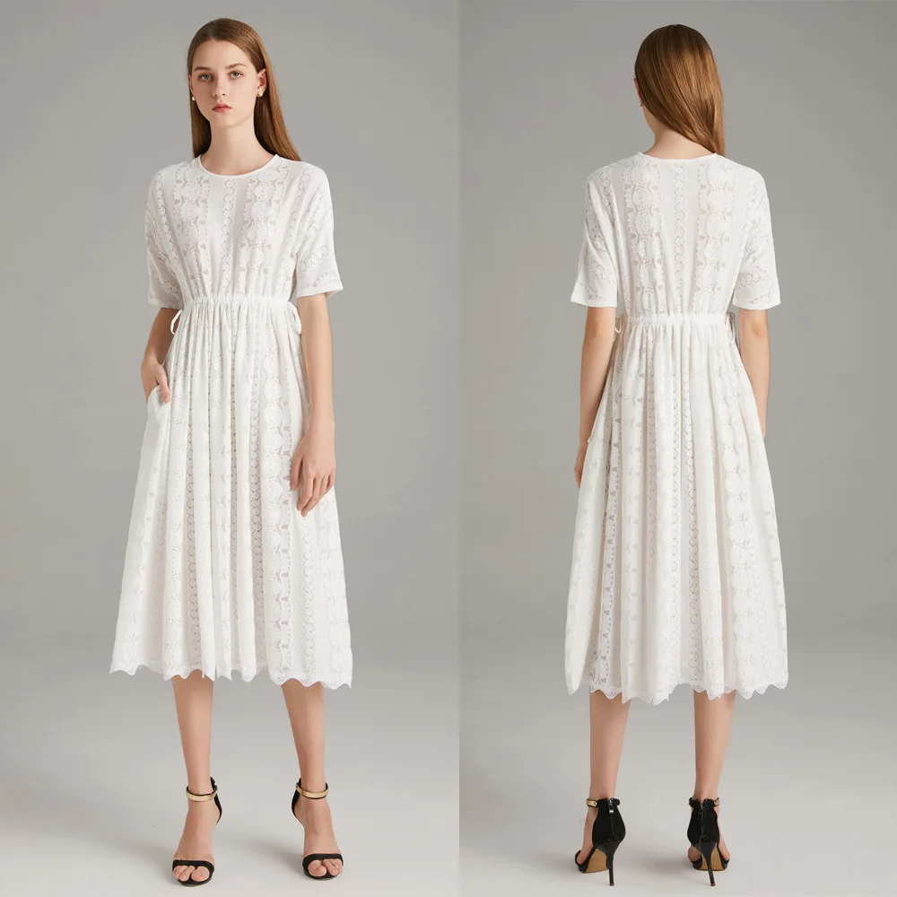 

Fat Mm Spring New Style Lace Mid-length Waist Hugging Dress Crew Neck Short Sleeve Date Party Dress Send Underwear