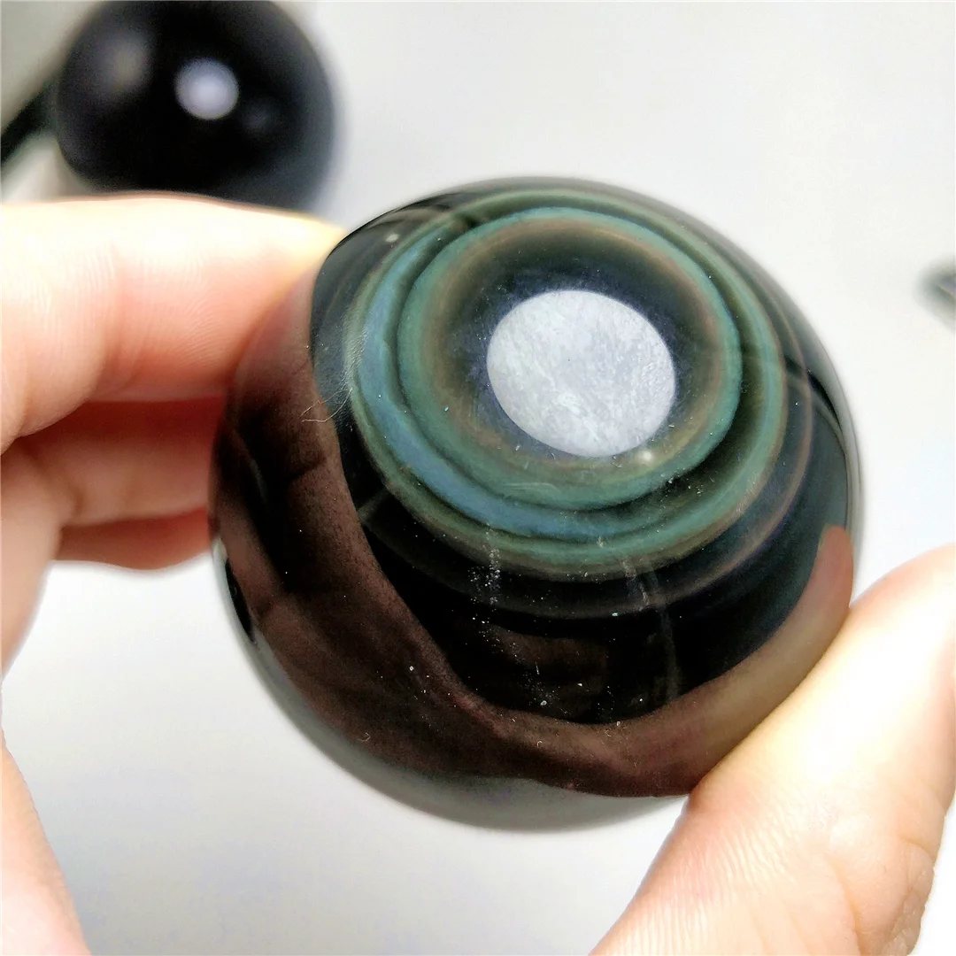 80mm Natural Black Obsidian Rainbow Cat eye Sphere Crystal Ball Healing Stone 