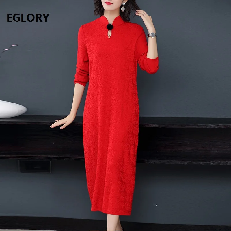 ^*Best Offers Top Quality 2019 Autumn Winter Red Long Sweater Dress Women Black Ball Patchwork Flower Patterns Long Sleeve Midi Knitted Dress