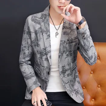 

2020 Spring Men's New Cool Printing One Button Small blazer Youth Slim Fashion Flower blazer