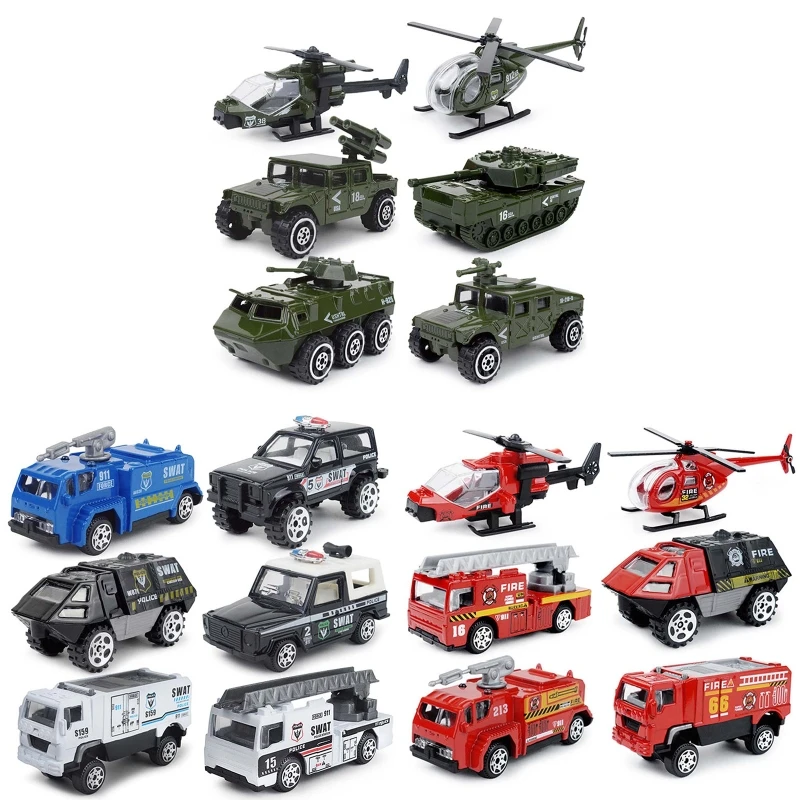 

6pcs/set 1:87 Scale Mini Fire Fighting Truck Military Helicopter SWAT Vehicle Zinc Alloy Sliding Car Model Children Puzzle Toy K