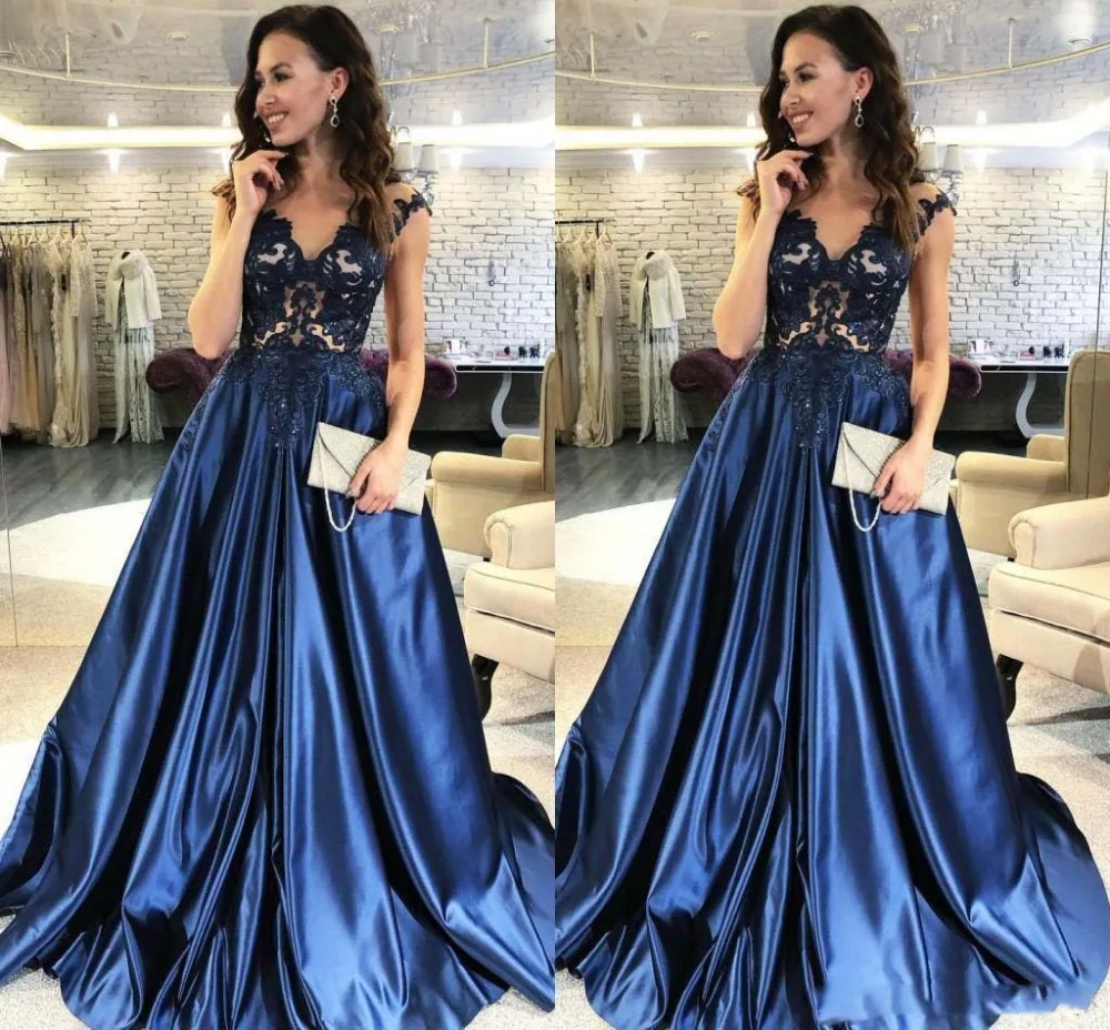 Темно-синие вечерние платья vestidos de fiesta de noche ТРАПЕЦИЕВИДНОЕ атласное торжественное платье для выпускного вечера кружевные женские вечерние платья с v-образным вырезом
