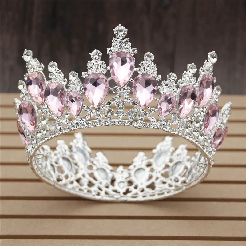 Silver Pink Хрустальные диадемы в стиле барокко, круглая свадебная корона, королевская диадема, маскарадная диадема, корона для невесты, ювелирные изделия для волос, аксессуары - Окраска металла: Silver Pink