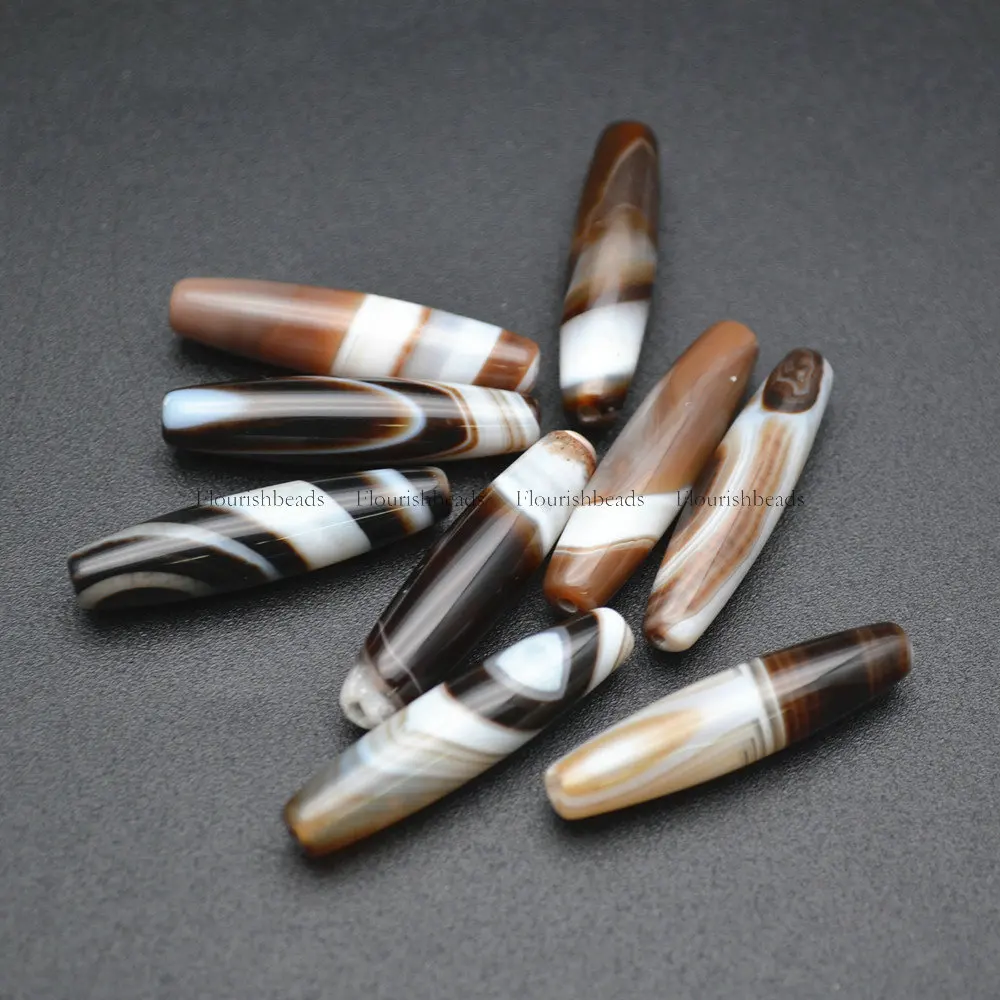 

8x34mm Long Tube Banded White Coffee Color Agate DZI Sardonyx Gemstone Beads 5pc/lot