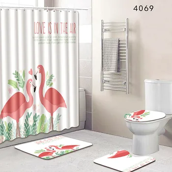 

Model 4069 Toilet Bathroom Rug + Lid Toilet Cover + Bath Mat & Shower Curtains Waterproof 180*180cm