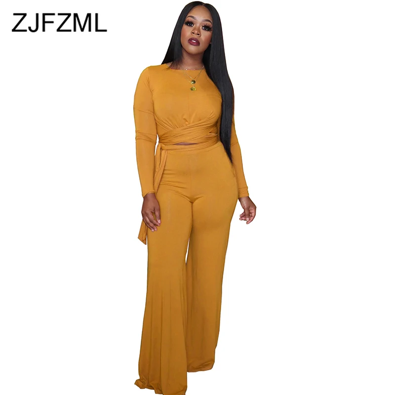 

Causal 2 Piece Set Women Clothing Sets Round Neck Long Sleeve Criss Cross Tie Up Crop Tops and Loose Wide Leg Pants Fall Outfits