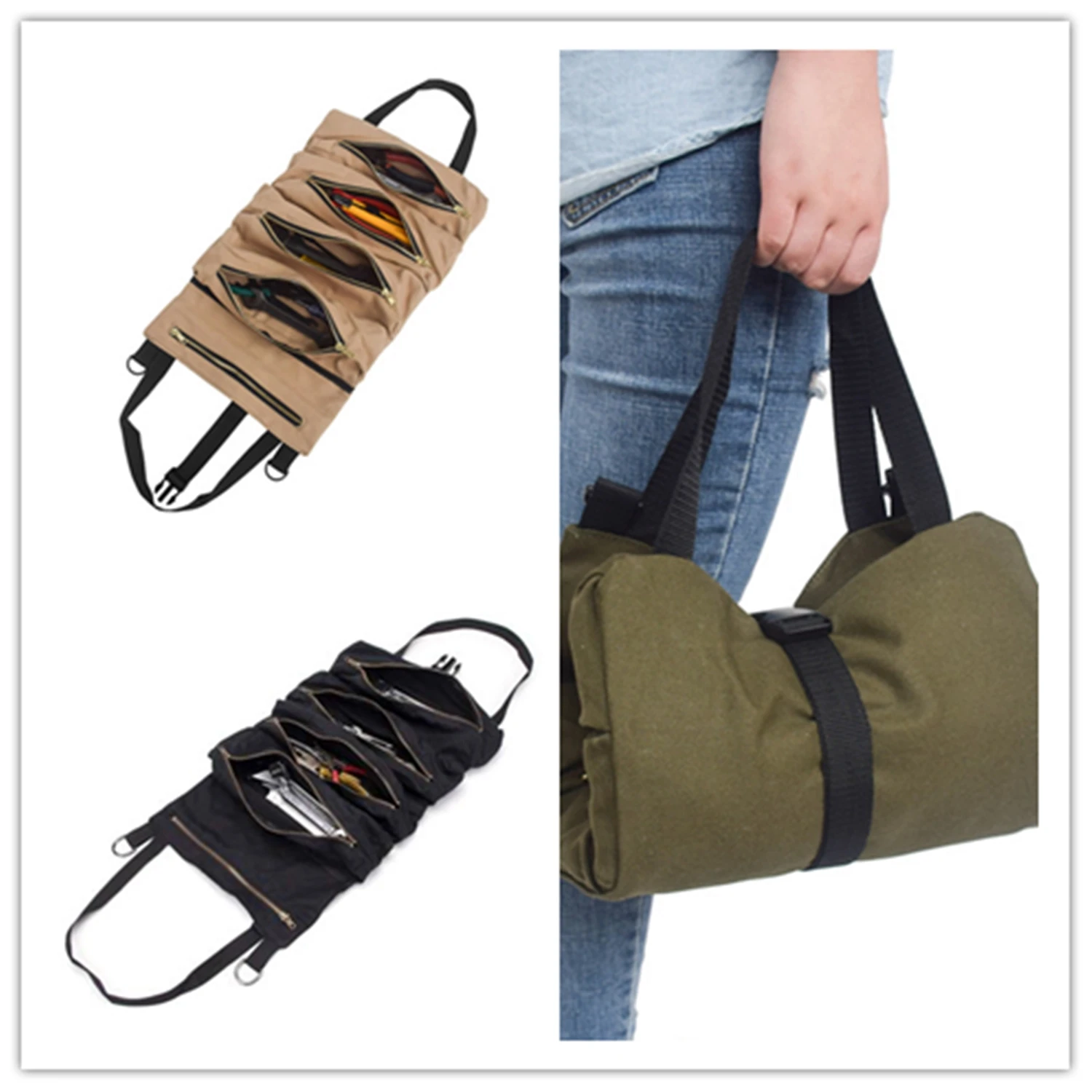 

Faroot Practical Tool Roll Up Storage Bag Wrench Hanging Tool Zipper Carrier Tote Organizer