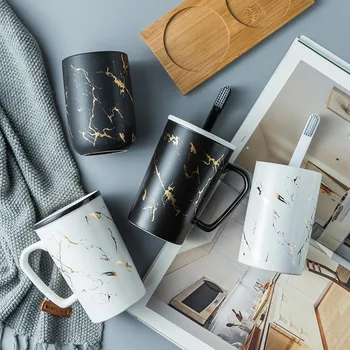

Nordic Imitation Marbled Ceramic Mugs Brushed Cups Wash Bottle Toothbrush Bathroom Accessory Set With Wood Tray