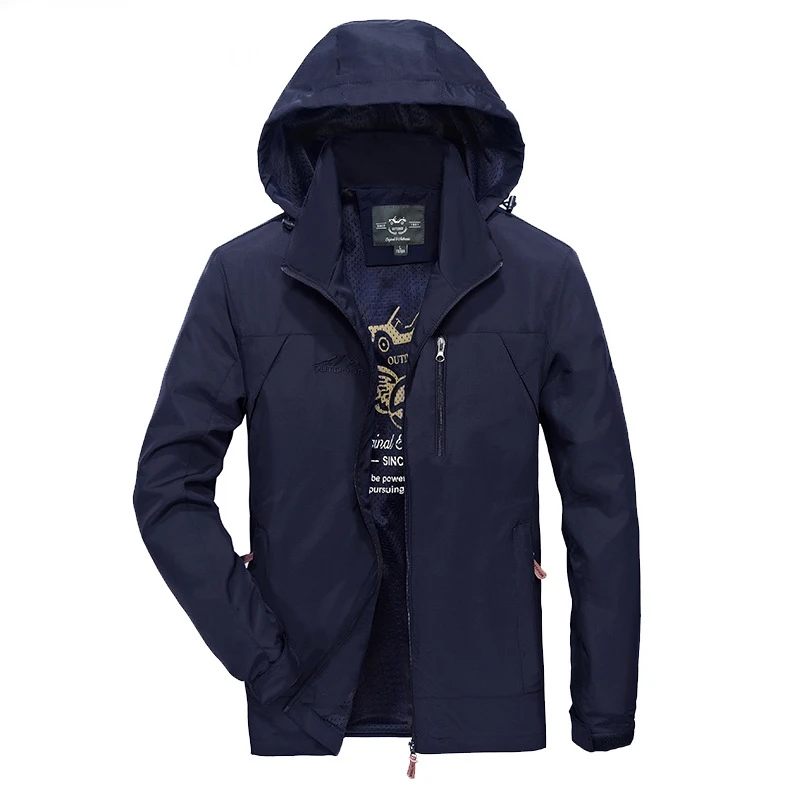 Navy blue Мужские весенние осенние куртки легкие водонепроницаемые ветровки армейский зеленый рабочий капюшон пальто мужские s куртки Veste Homme плюс размер 4XL - Цвет: Navy blue