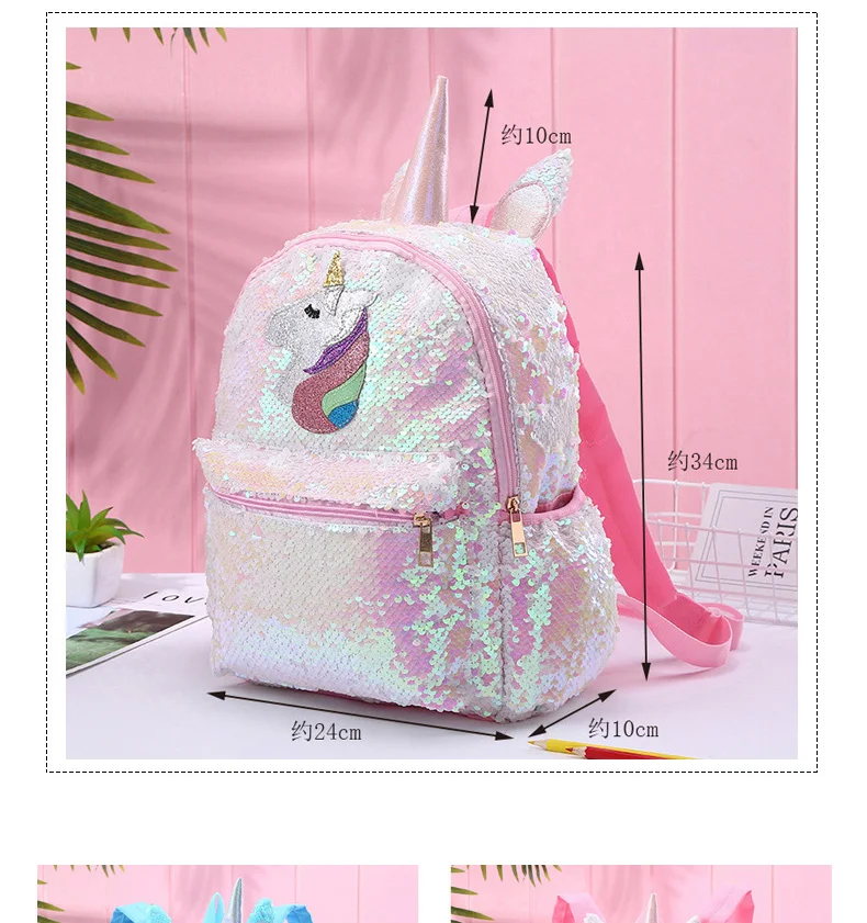 Girl Sequin Mermaid Backpack Children Large Zipper Unicorn Schoolbag Teenager Hologram Heart Love Backpack For School Travel Bag