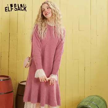 

ELFSACK Pink Solid Contrast Lace Knit Casual Midi Dresses Women 2020 Spring Pure Long Frill Sleeve Korean Girly Ruffles Dress