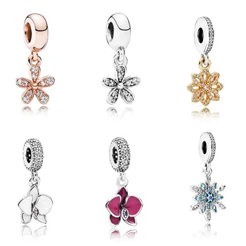 

925 Sterling Silver Pendant Flower Pink Gold Rose Gold Color Cherry Blossoms Diy Beads For Women Pandora Bracelet Charms