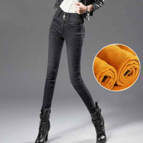 Зимние джинсы женская теплая флисовая утепленная джинсовая брюки джинсы с высокой талией женские узкие джинсы vaqueeros Mujer - Цвет: Gray velvet