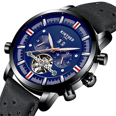 

KINYUED Skeleton Automatic Watch Men Flying Tourbillon Mens Watches Mechanical Self Movement Calendar Clock Wristwatch for Mens