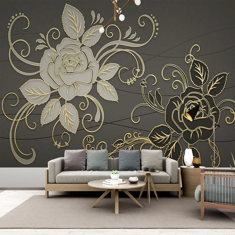 Custom Photo Wallpaper Modern 3D Golden Relief Line Drawing Rose Flower Mural Light Luxury Living Room Bedroom Backdrop Stickers high quality indoor plant stand display modern living room luxury flower shelf backdrop golden estantes para plantas furniture