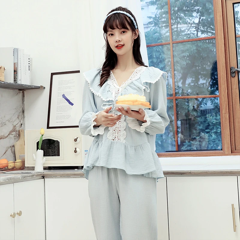 

Pajama Set Sexy Sleepwear Autumn Pajamas Women Casual Thin Lace Cotton Cute White Princess Korean Long Sleeve Sexy Home Service