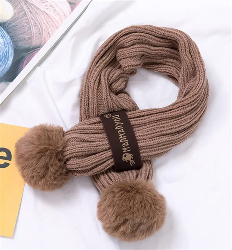 Coffee Scarf Kids Winter Warm Hat And Scarf Child Ribbed Knitted Pom Pom Cap Scarves 2 Piece Set Baby Girl Boys Accessories 6-36 month - Цвет: Coffee Scarf