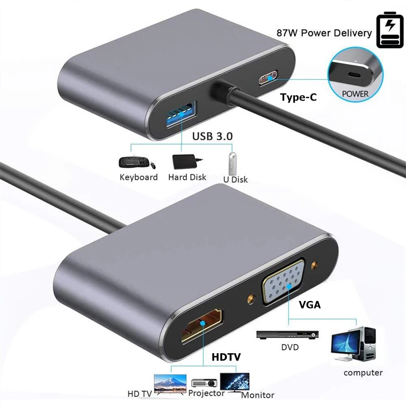 tipo c para Daul Adaptador para Macbook Hdmi-compatível com 4k pd Hub Nintendo Samsung s9 Dex Huawei P20 Xioami 10 tv Vga Usb c 3.0 87w 22 Computador e Escritório