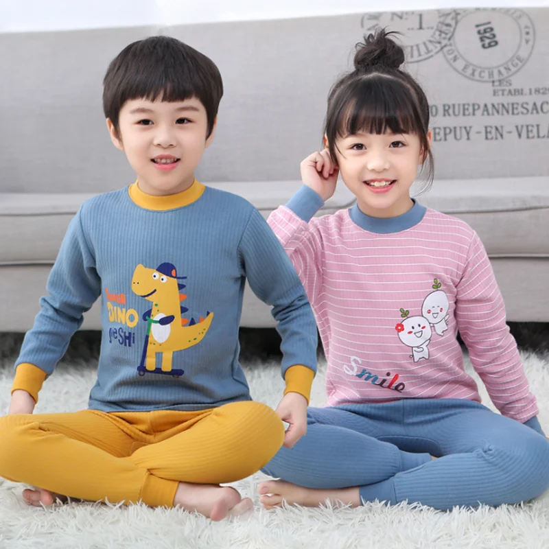 Детский пижамный комплект из чесаного хлопка; плотная одежда для сна с длинными рукавами; ночные трусы для маленьких мальчиков и девочек; Детские футболки и штаны