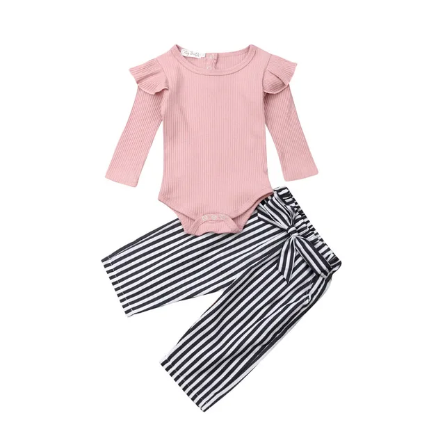 Комплект одежды для новорожденных девочек, хлопковая одежда в полоску из 2 предметов комбинезон с длинными рукавами, боди, штаны Повседневная одежда от 0 до 24 месяцев - Цвет: Розовый