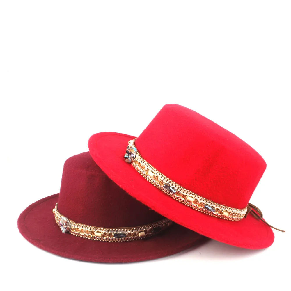 Шерстяная Мужская и Женская Шляпа Fedora с плоским верхом, пояс в стиле ретро, шерсть мягкая фетровая шляпа Панама джазовая, шляпа, размер 56-58 см