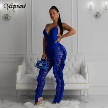 Mulheres Macacões Sem Mangas de babados de Renda Sexy Ver Através Red Magro Cintura Alta Oco Out Moda Feminina Elegante Partido Romper(China)