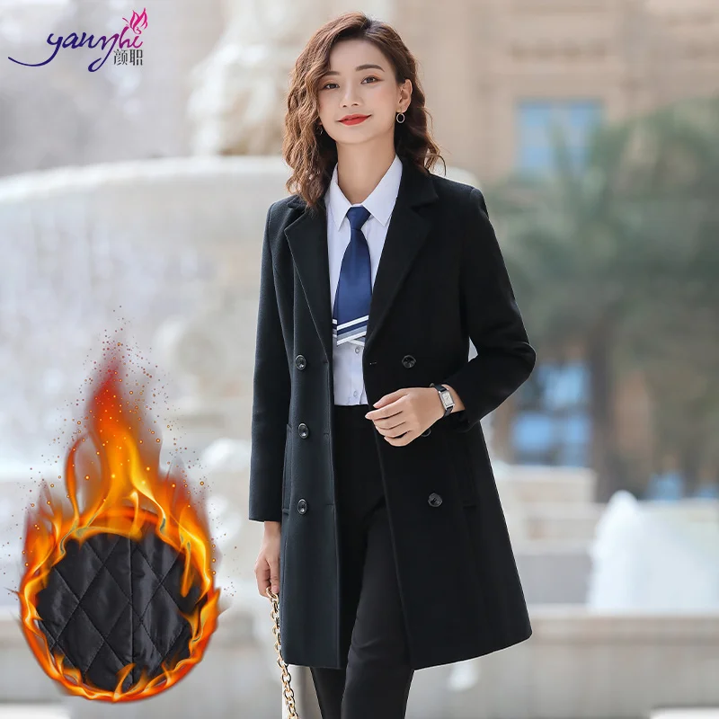 Зимнее плотное длинное пальто для женщин, распродажа, офисное Формальное пальто с хлопковой подкладкой, черный, синий, Осенний шопп 4S, магазин, рабочая одежда, верхняя одежда