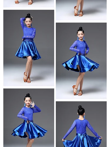 Новинка; платье для латинских танцев для девочек; кружевное платье с длинными рукавами; Стандартные платья для бальных танцев для детей; одежда для выступлений; одежда для сальсы; - Цвет: Синий