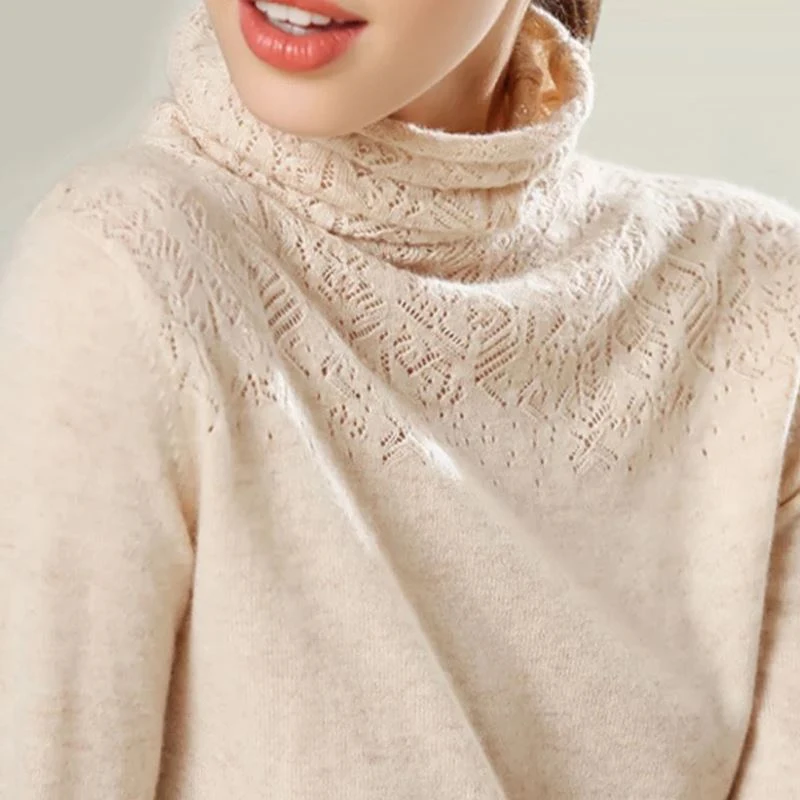 Winter Turtleneck Cashmere Wool Sweaters New Casual Heaps Collar Women Solid Long Hollows Sleeve Pullovers Knitte - Цвет: M camel