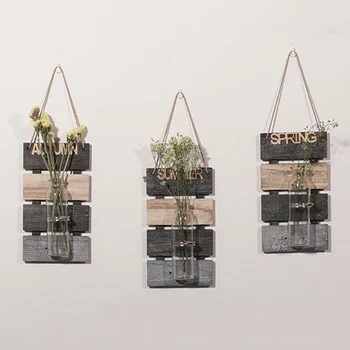 

Creative Hanging Hydroponic Plant Glass Vase with Wooden Base Wall Hanging Ornament Vase Vertical Flower Pots Home Decoration