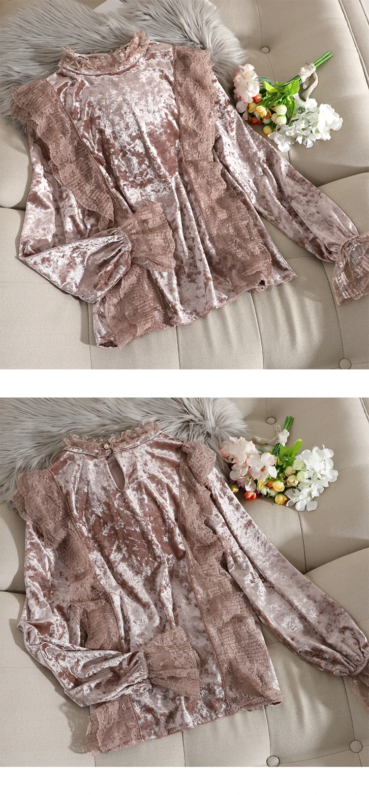 Neploe, элегантные, кружевные, с оборками, золотые, вельветовые, Blusas, осень-весна, новинка, Ins, водолазка, расклешенная, длинный рукав, блузка, тонкая рубашка