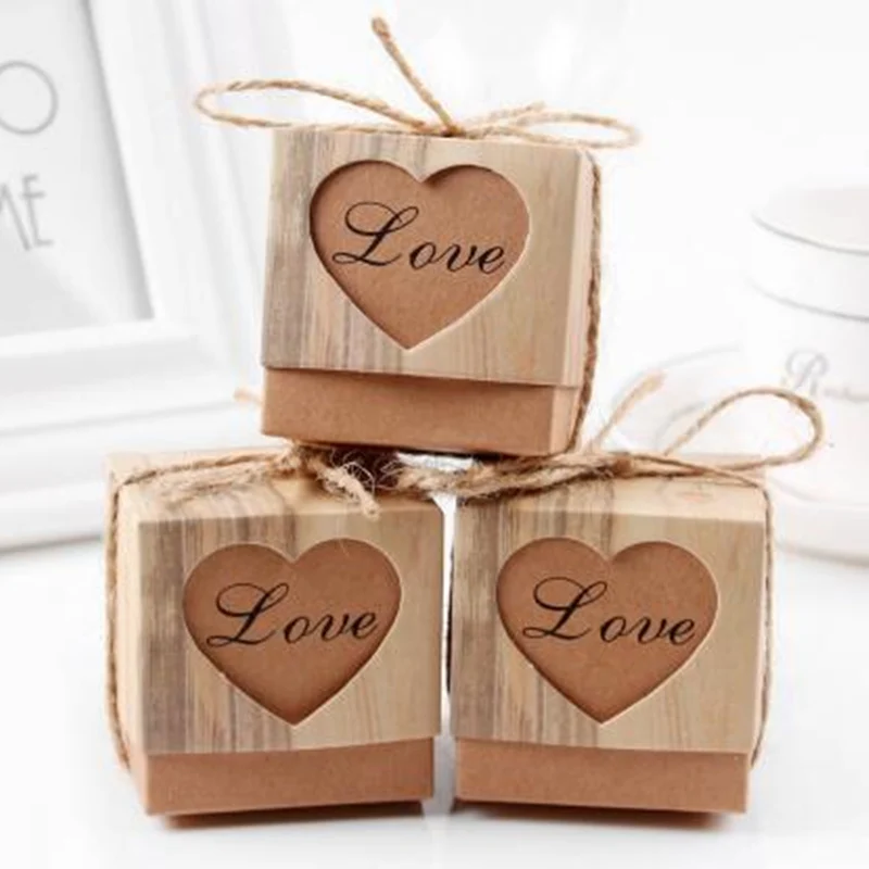 

50Pcs/Set Square Heart Candy Boxes Chocolate Gift Box Kraft Gift Bag with Burlap Twine Birthday Wedding Party Events Decoration
