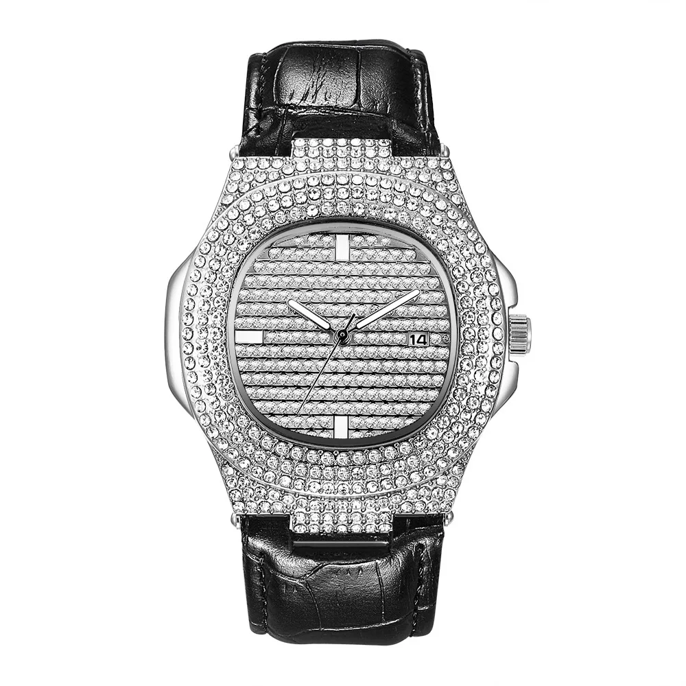 Часы с бриллиантами брендовые Iced Out кварцевые золотые серебряные кожаным