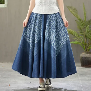 

Free Shipping 2020 New Long Maxi A-line Skirts Women Elastic Waist Spring And Summer Denim 100% Cortton Patchwork Vintage Skirts