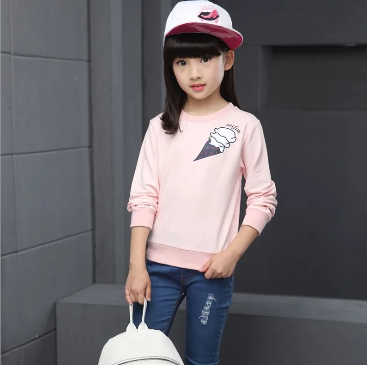 Hot Sale Girls Clothes Spring And Autumn T-shirt Floral Printed Cotton Fleece Children's Wear Long Sleeve For 3-15 Years Old - Color: Pink