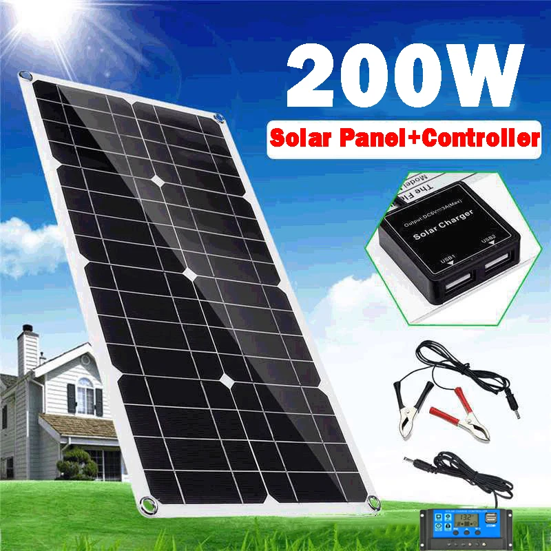 200W Solar Panel 20A Controller 12V Dual USB Port Outdoor Portable Battery Charger For Mobile Phone Car Yacht RV Lights Charging