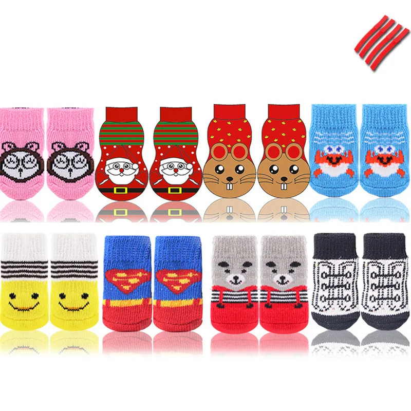 Calcetines de algodón suave con dibujos animados para mascotas, calcetín antideslizante, cálido, para perro, oso de peluche, suministros para mascotas gatos, 1set/4 Uds.