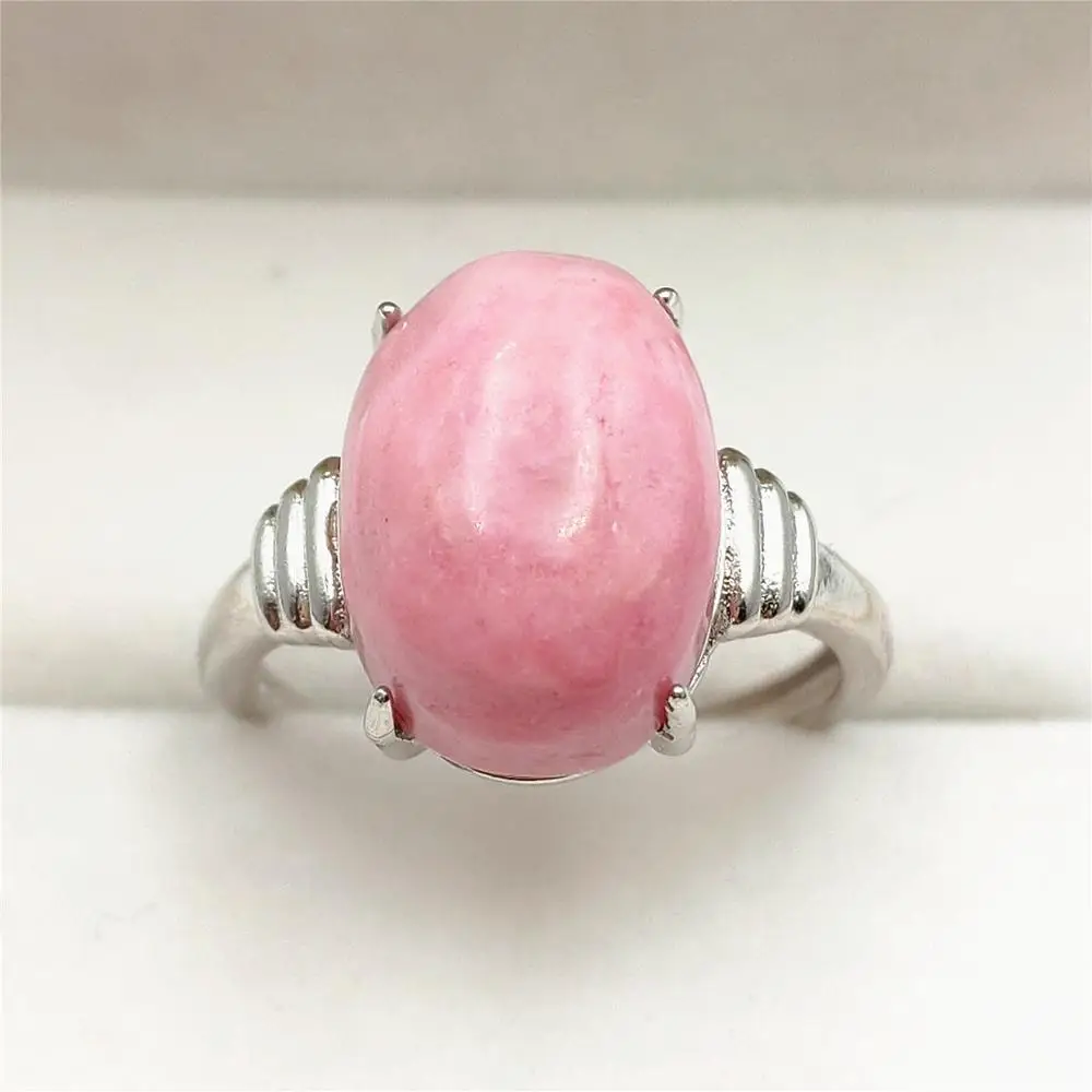 

Natural Rose Rhodonite Adjustable Size Ring 16x12mm For Women Men Oval Bead Gift Luxury 925 Sterling Silver Jewelry AAAAA