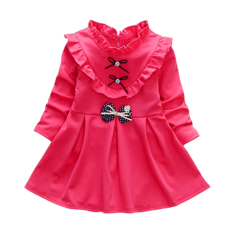 Осеннее Хлопковое платье с длинными рукавами для маленьких девочек красивое однотонное удобное теплое платье разных цветов в горошек на пуговицах - Цвет: Rose Red D