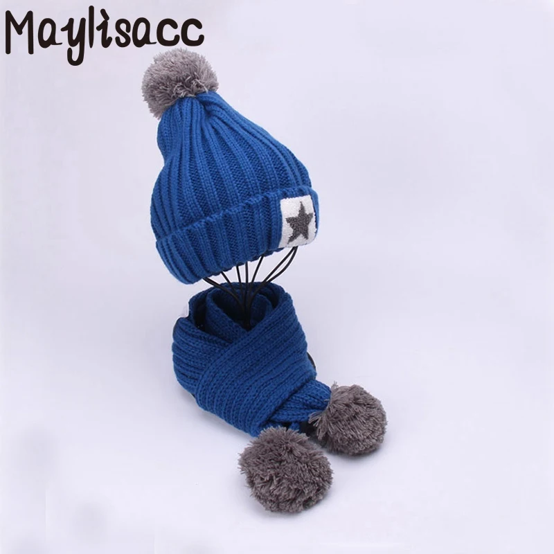Blue Maylisacc 7 цветов зима теплая вязаная шапка Кепки с шарфами утолщенной шерсть для 3 до для детей 12 лет мальчик девочка спорт на открытом воздухе кепки комплект - Цвет: Blue