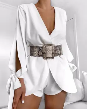 

New Design Women's Bow-knot Long Sleeve Elegant Office Business Playsuit Lady Sexy Deep V-Neck Solid Color Playsuit Plus Size