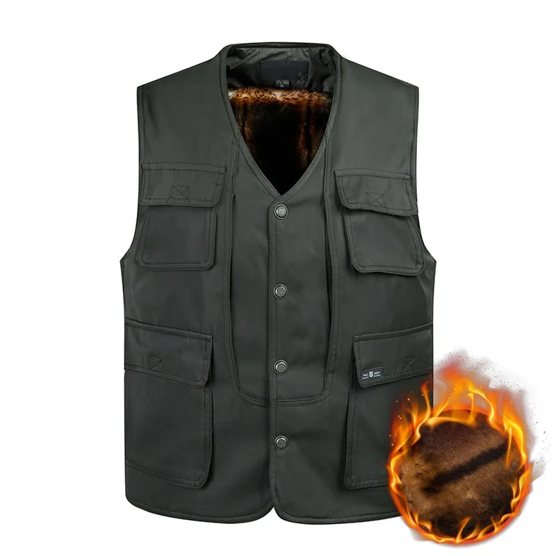 

New Arrive Autumn Winter Warm Fleece Mens Vest Casual Multi Army Green Waistcoat with Many Pockets Men Work Sleeveless Jacket