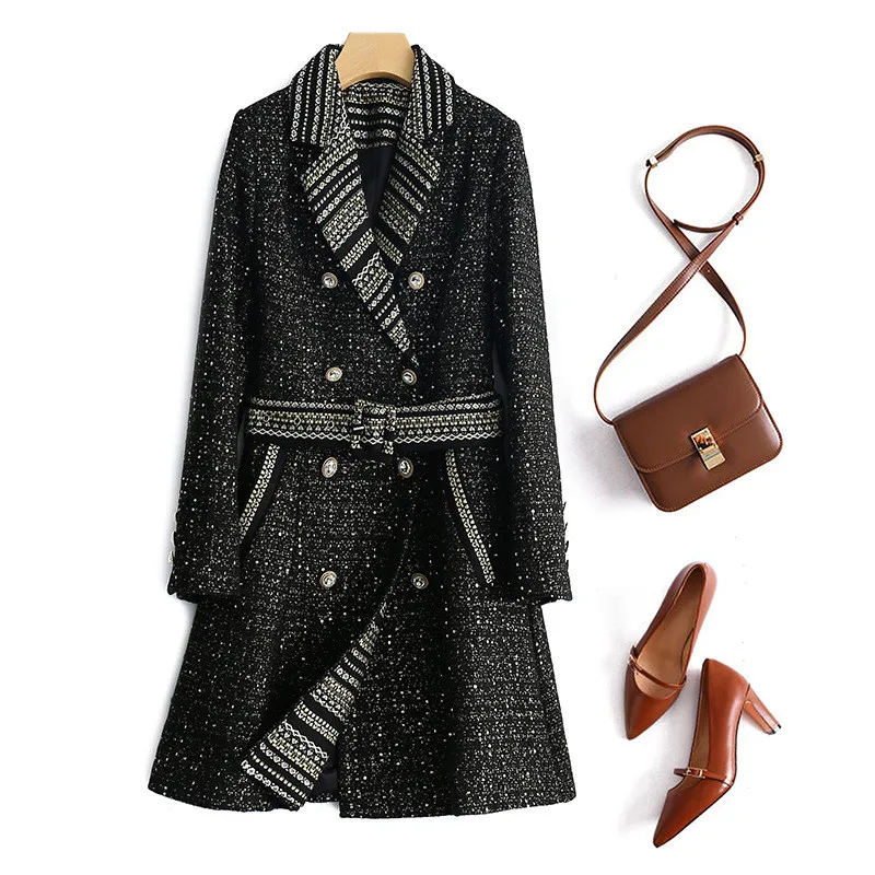 Модная зимняя женская куртка, дизайнерские винтажные твидовые шерстяные куртки и пальто с отложным воротником и золотым тиснением, длинное пальто
