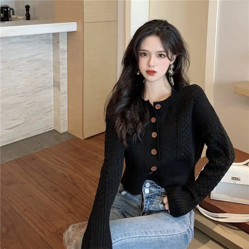 여성 스웨터 가디건, 가을과 겨울 스웨터 코트, 여성 가디건, 긴 소매 라운드 넥 싱글 단추 짧은 상의