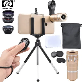 

APEXEL 4in1 Lenses Set 10x Telescope Mobile Phone Lens Wide Angle Fisheye Macro Lenses With Remote Tripod for iPhone android