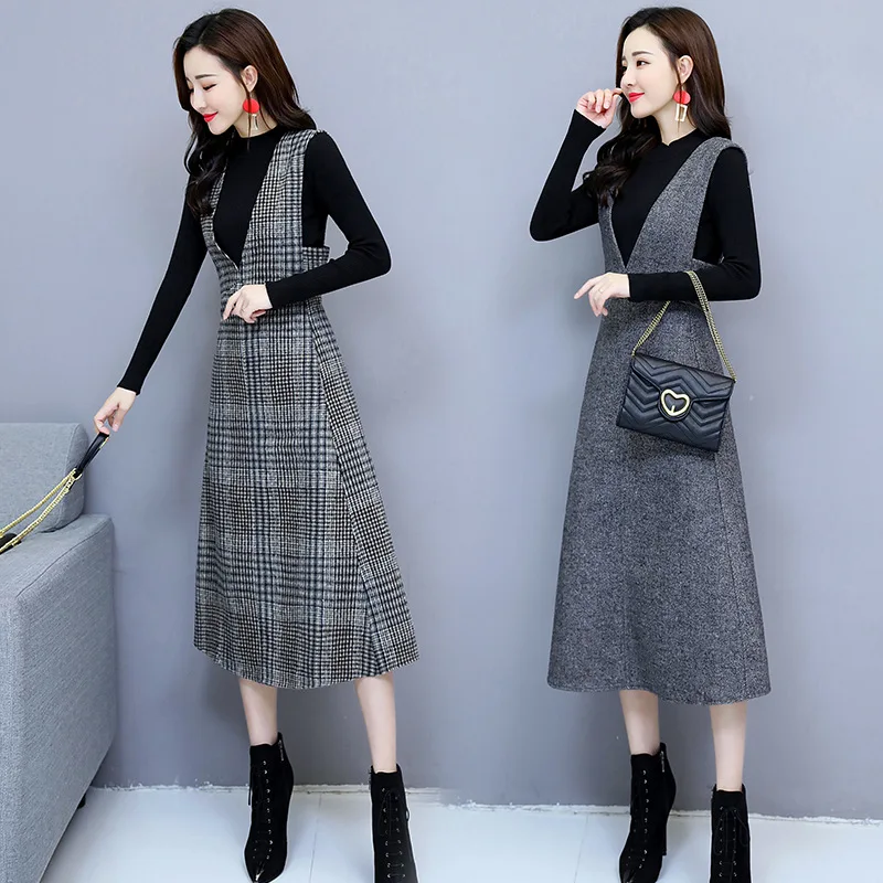 

2019 Autumn And Winter New Style Large Size Mid-length Knitted Braces Skirt Two-Piece Set Slim Fit-Style Set Dress Women's